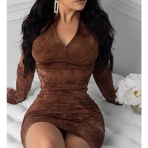 Plain Long Sleeve Runched Bodycon Dress
